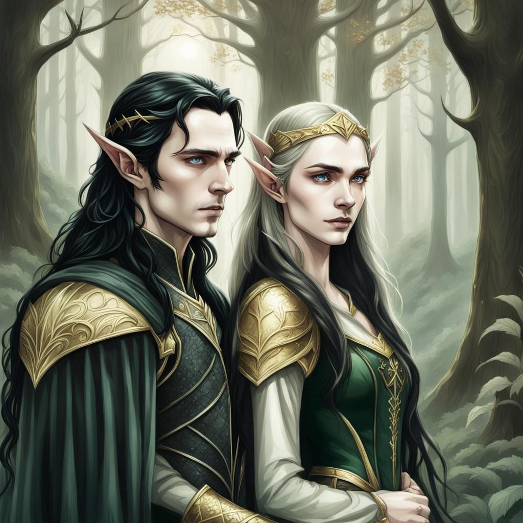 Elven Royalty in Eerie Forest, Gothic Fantasy Art