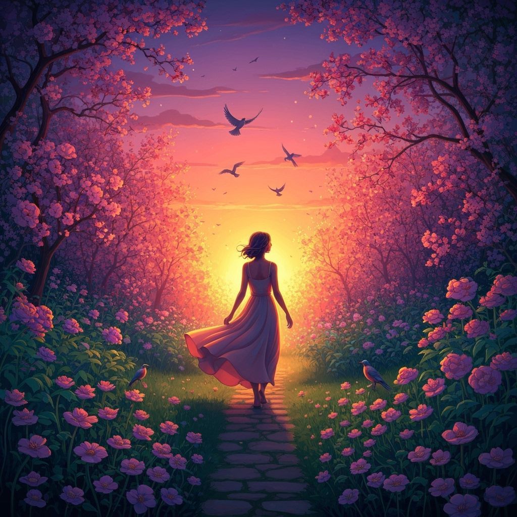 Garden at Dusk with Abstract Fractal Patterns