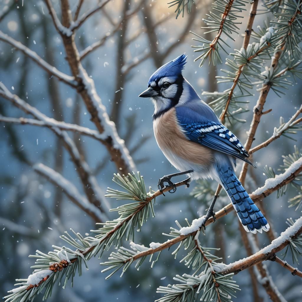 Hyperrealistic Blue Jay in Winter Pine Scene