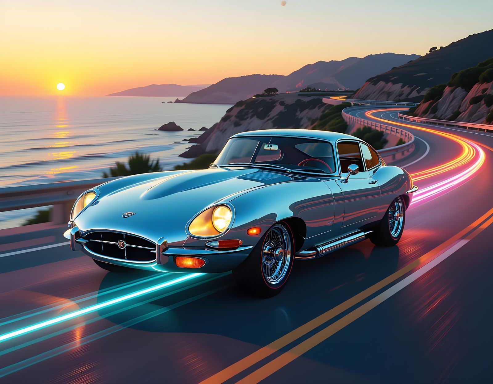 Retro-Futuristic Jaguar E-Type at Sunset in 8K