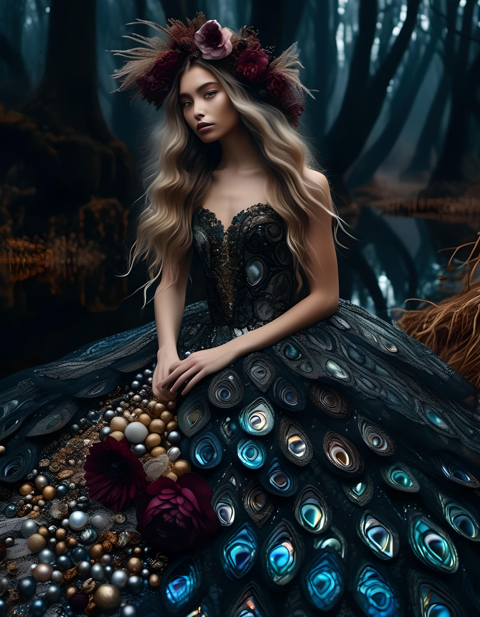 A highly textured maximalist mosaic made with shiny abalone ...