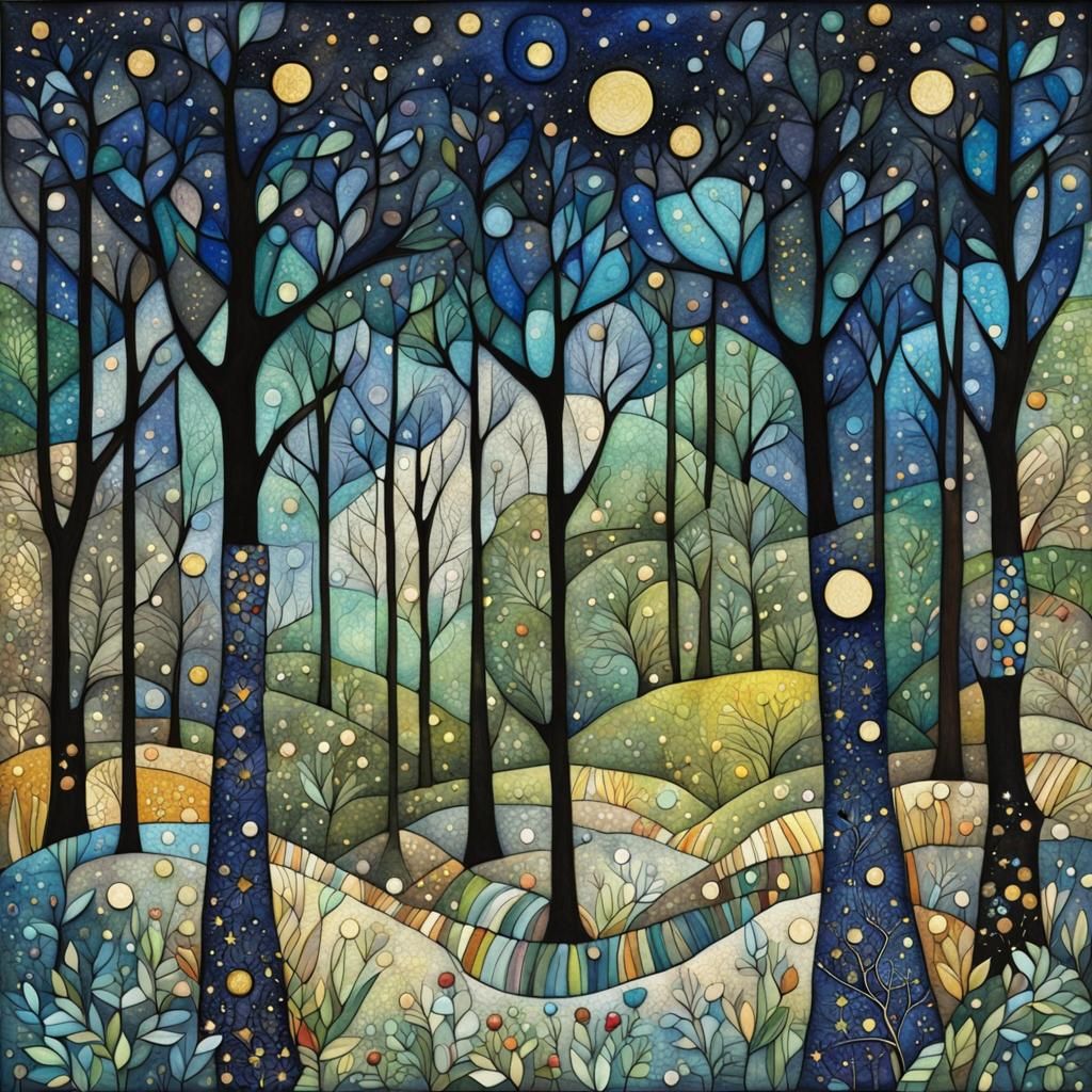 Enchanted Midnight Forest in Art Brut Style