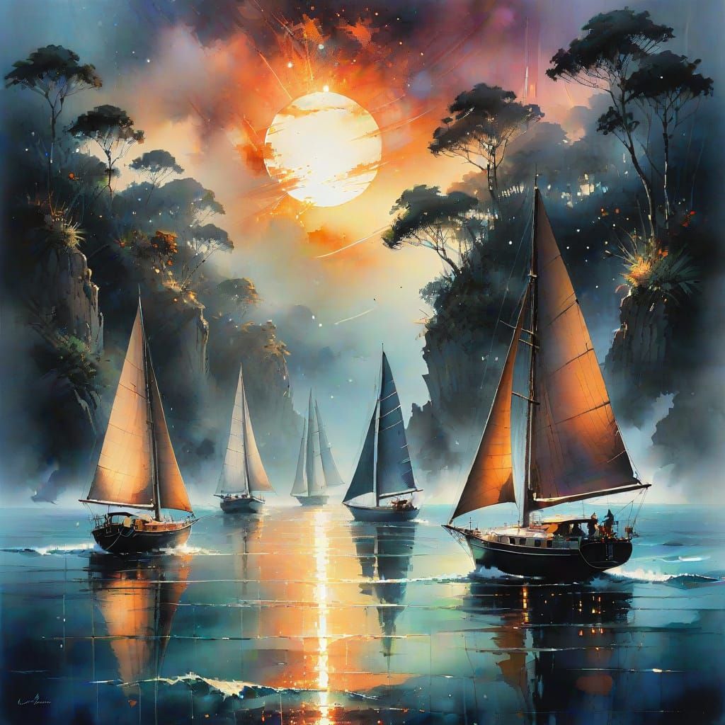 a close up of three sailing yachts, waves sunset cinematic g...