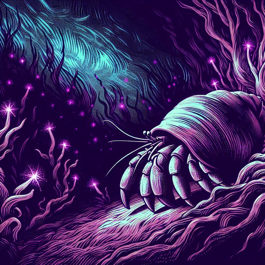 Bioluminescent Hermit Crab in Linocut Style