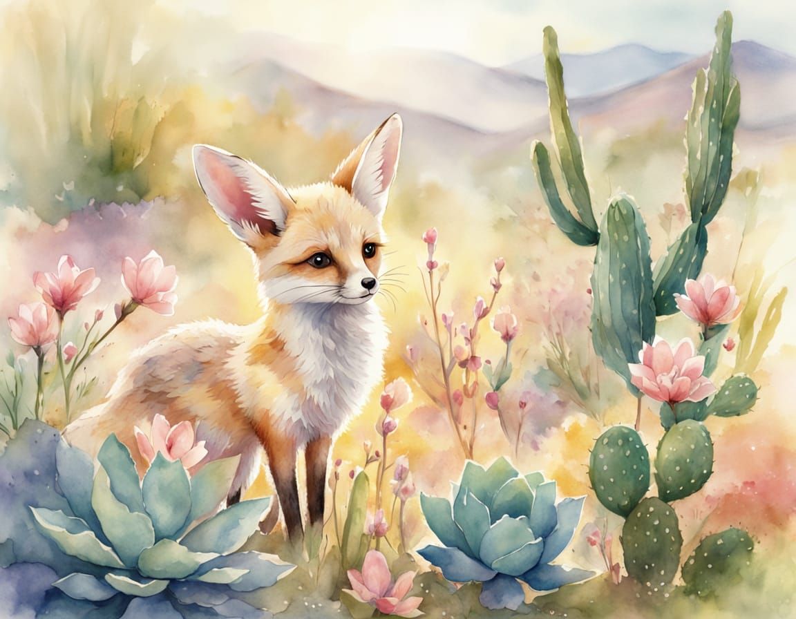 Whimsical Desert Fennec Fox in Watercolor