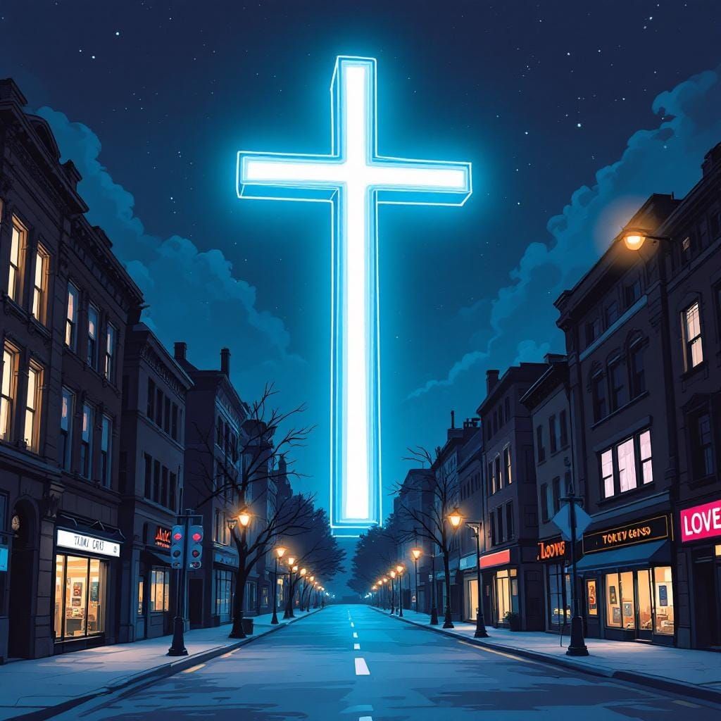 Neon Cross Radiates Love Over City Street