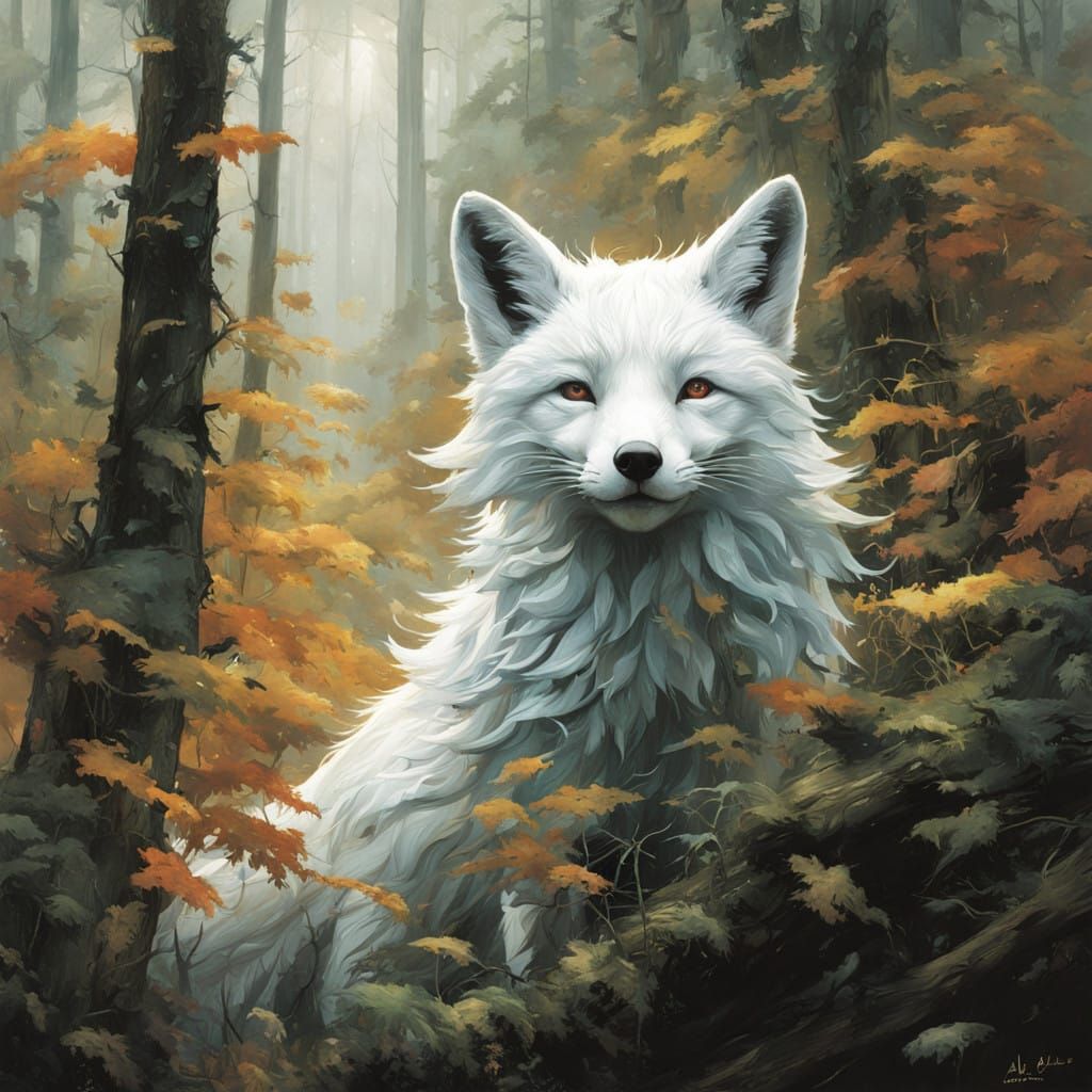 Little White Fox in Whimsical Woodland Scene