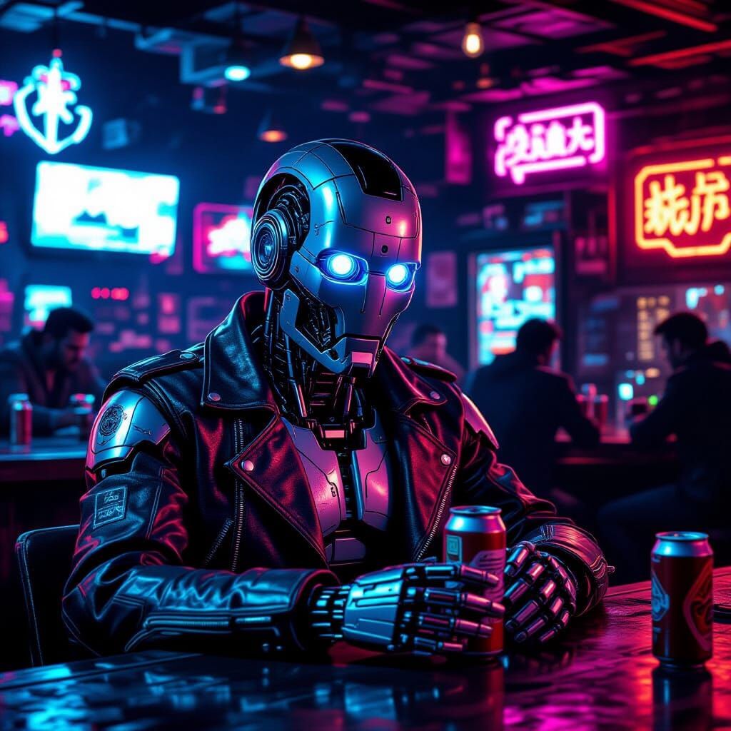 Cyberpunk Robot Drinks Motor Oil at Grimy Bar