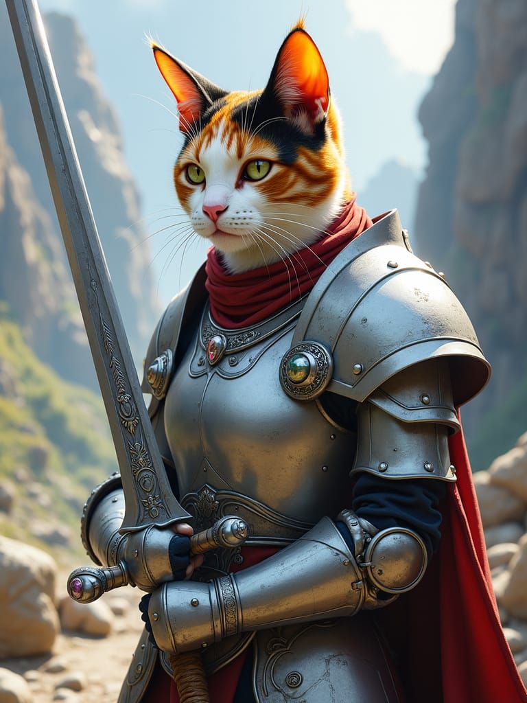 Calico Cat Paladin in Silver Armor