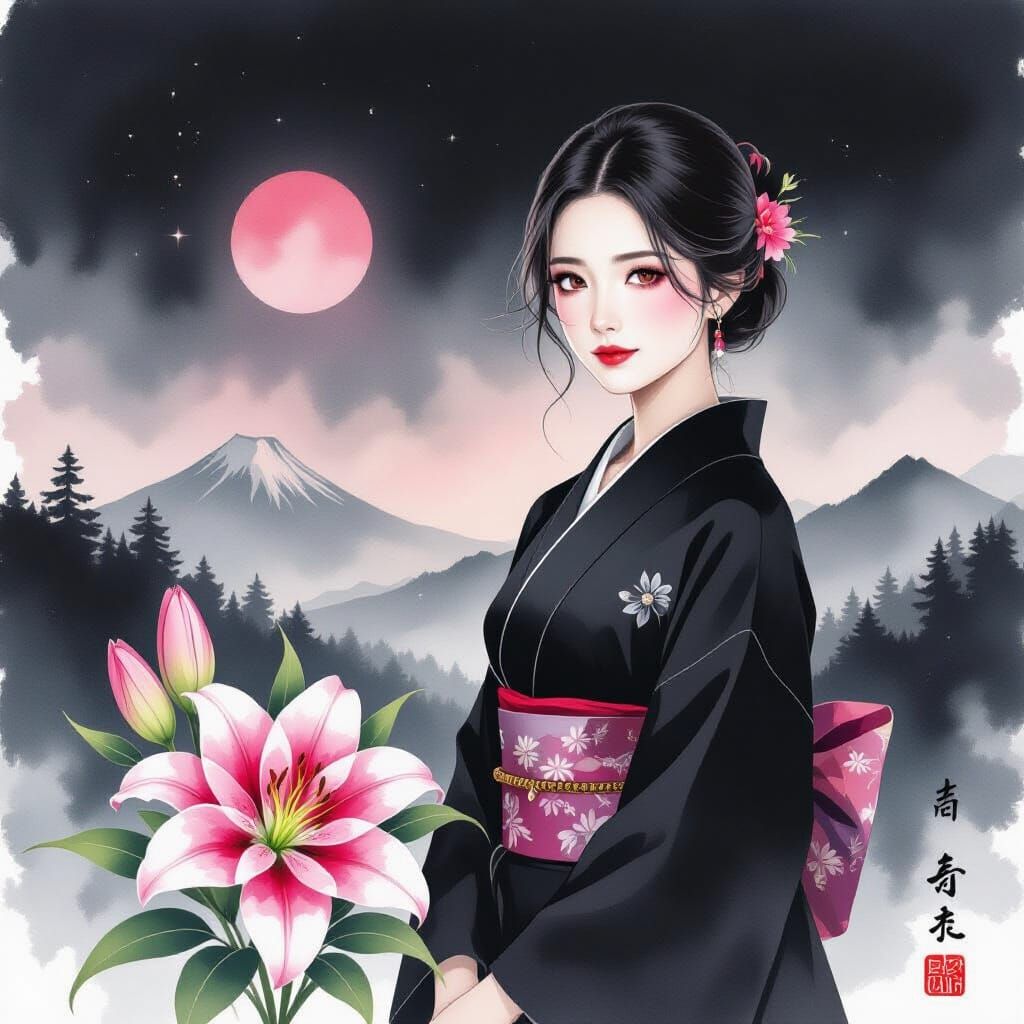 Melancholic Japanese Woman in Watercolor Style