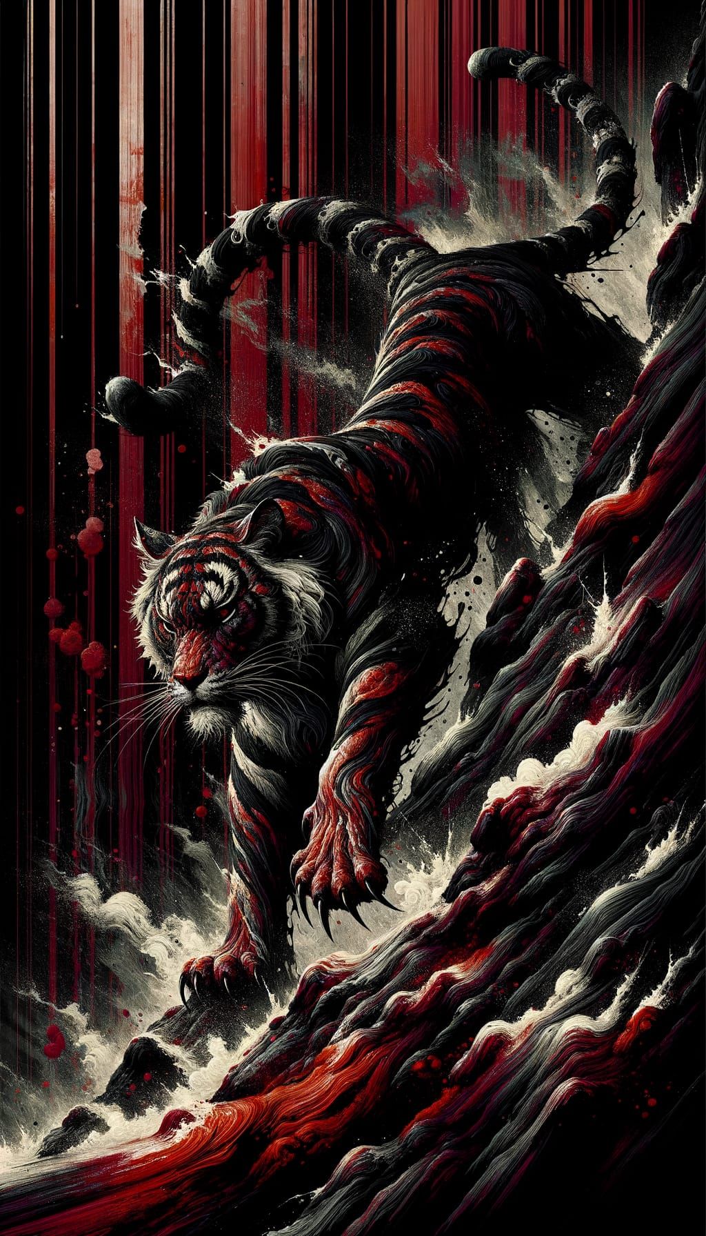 Tiger Descending Rock Face in Japanese Brush Painting