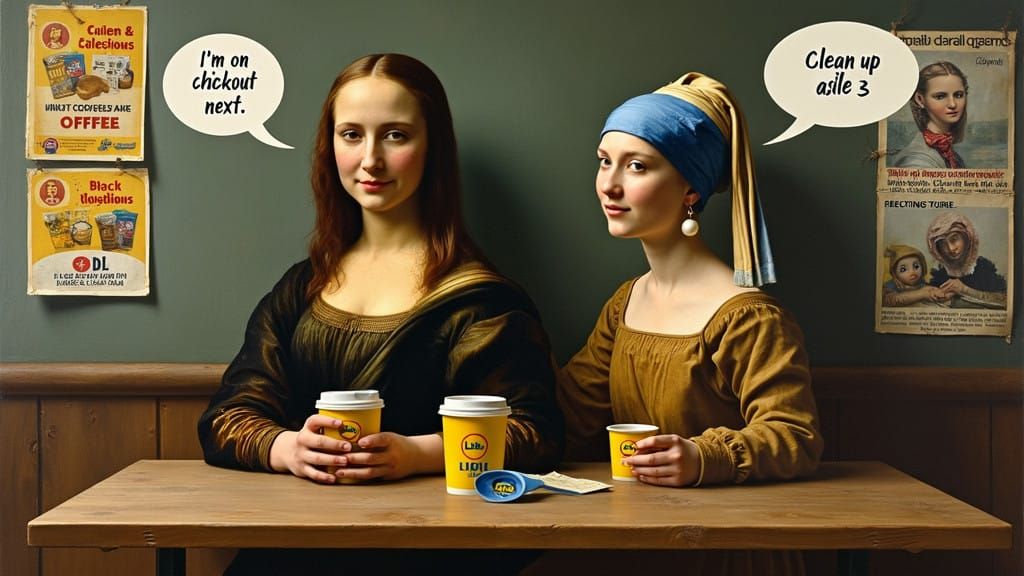 Surreal Cafe Scene with Famous Paintings