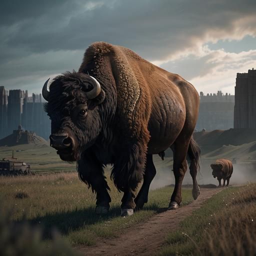 Mechanical Bison Roam Countryside in Sci-Fi Style