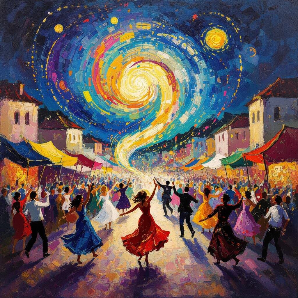 Joyful Festival Scene with Dancing Figures in Twilight Sky