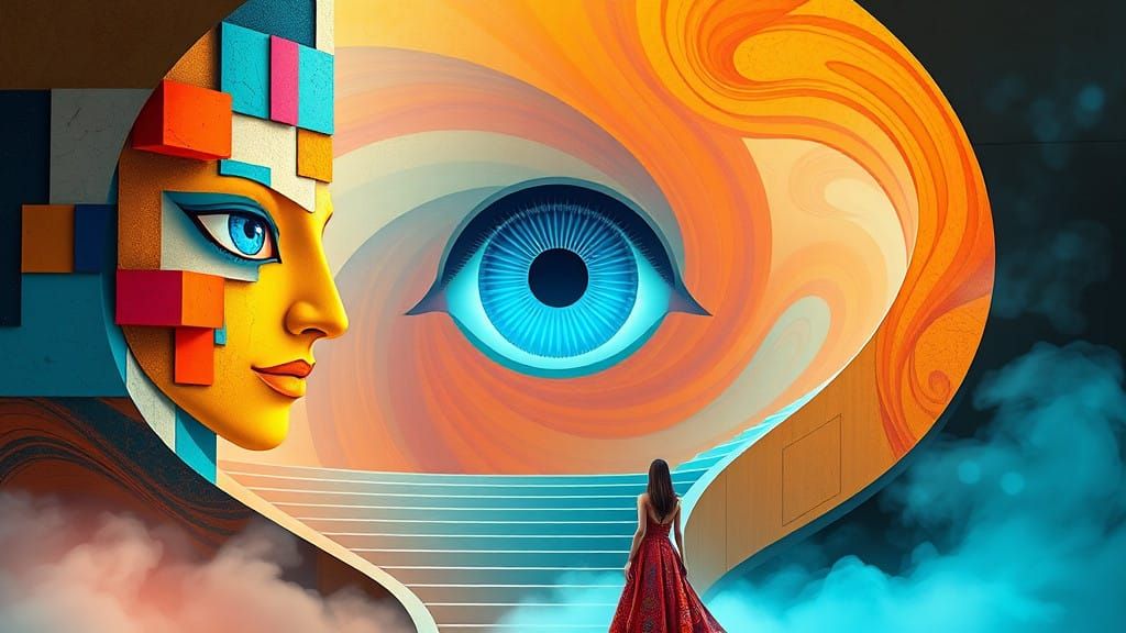 Woman Amidst Geometric Faces in Whimsical Staircase Scene