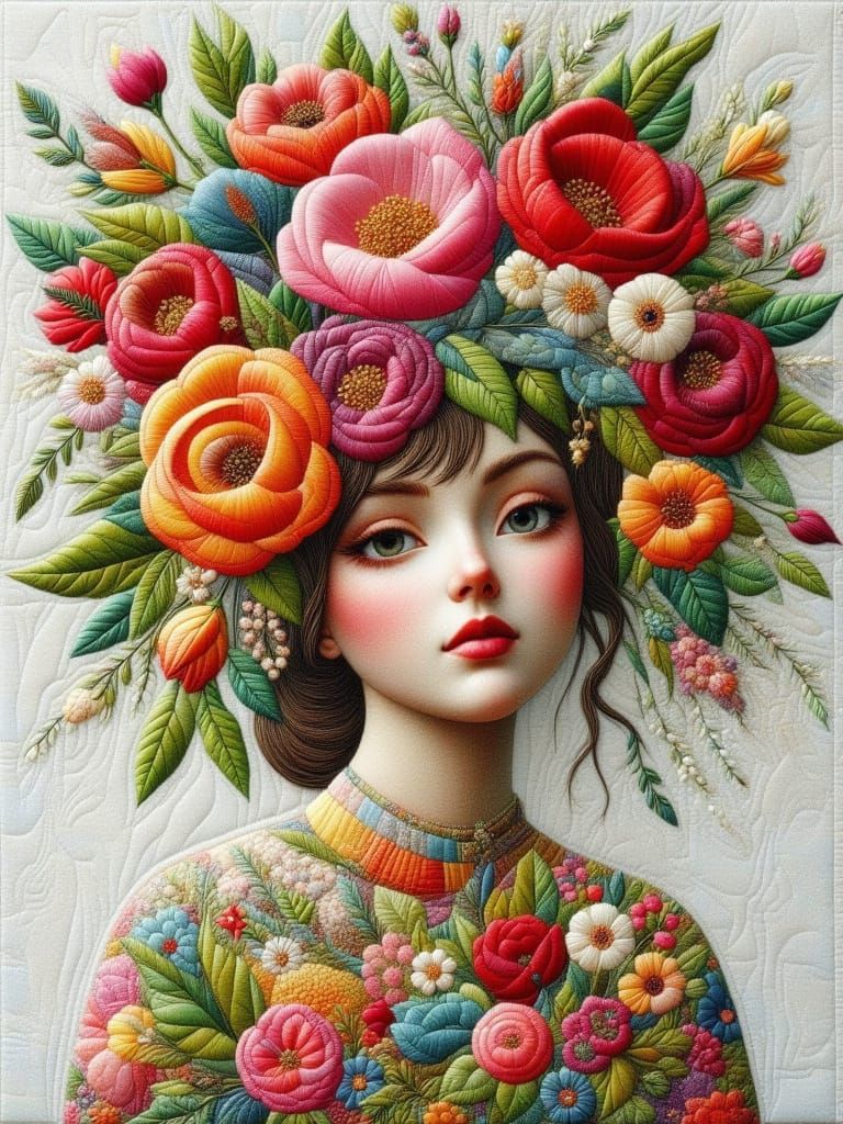 Elegant Embroidered Figure in Floral Quilted Style