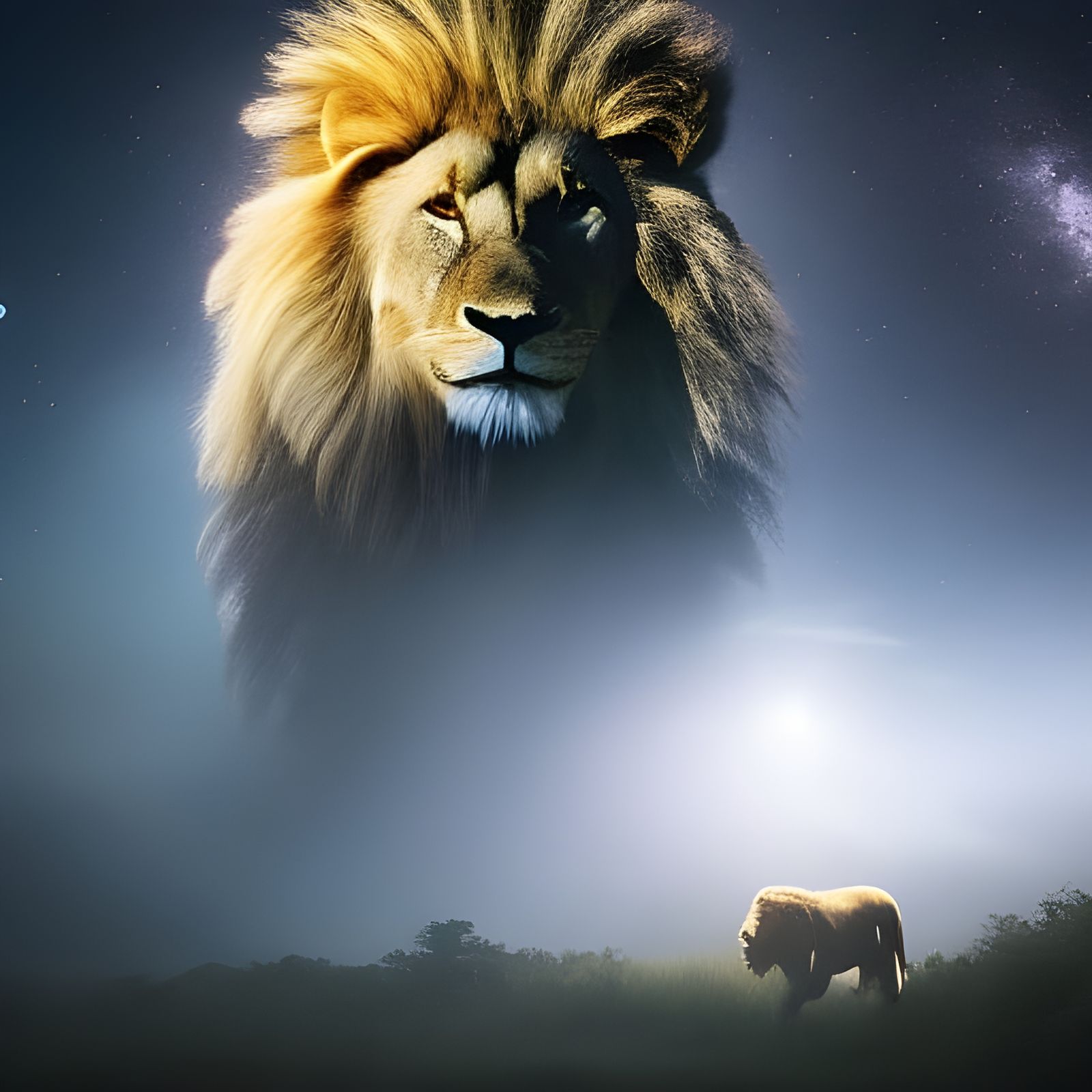 Heavenly Lion in Jungle Under Moonlight