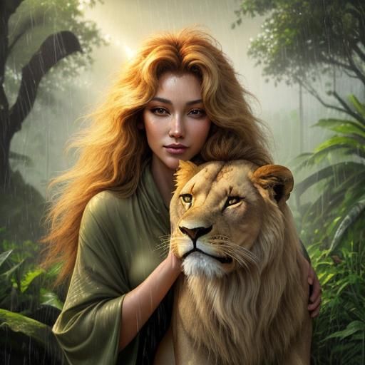 Girl and Lion in Rainy Jungle with Sunbeams