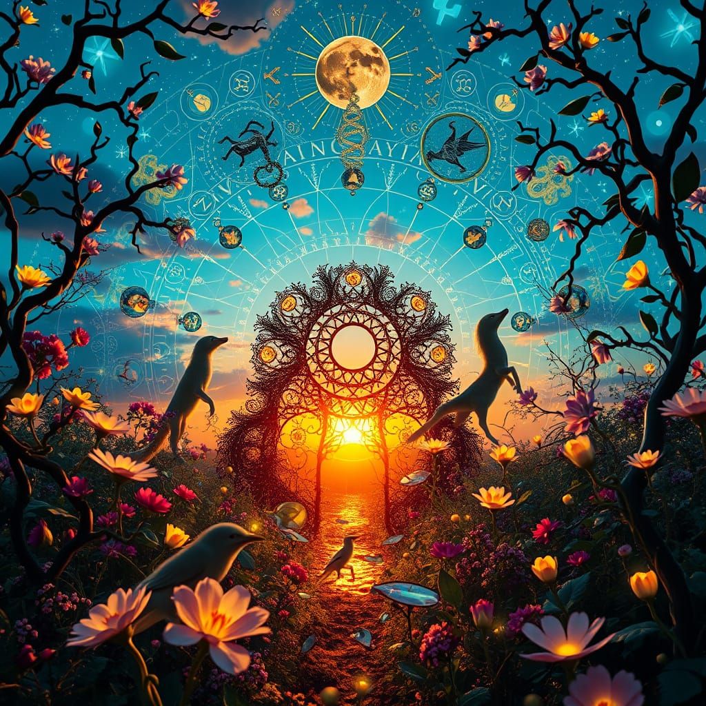 Dreamlike Zodiac Landscape in a Fusion of Artistic Styles