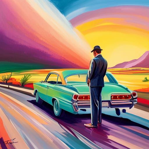 Googie Style Man and Car at Rainbow Sunset