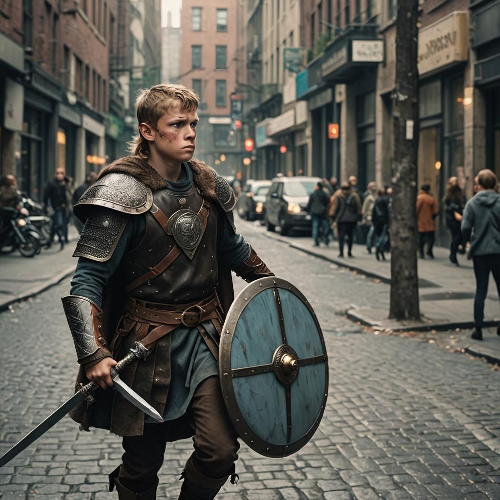 Lost Viking Boy in Modern Cityscape
