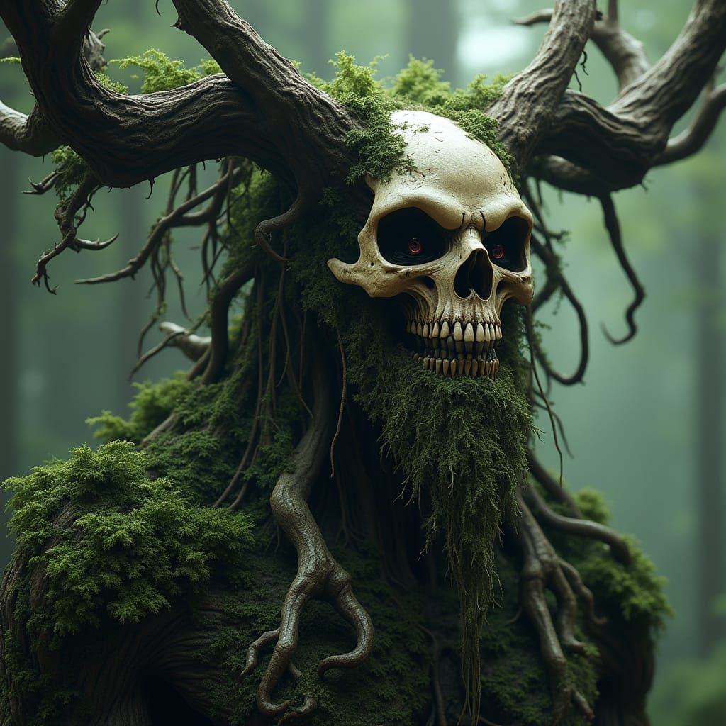 Hyper-Realistic Forest God with Grotesque Antlers and Gnarle...