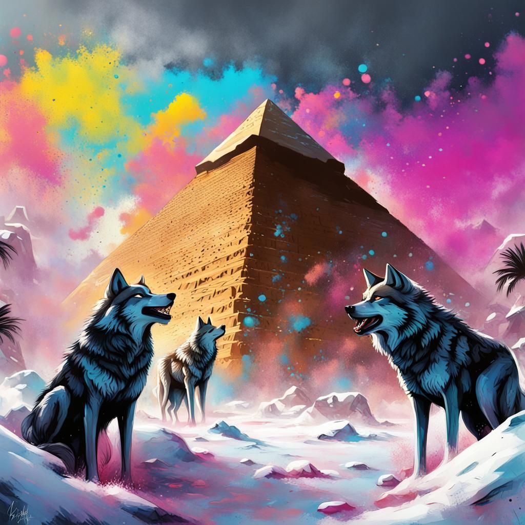 Snowy Egyptian Pyramids with Wolves in Graffiti Art