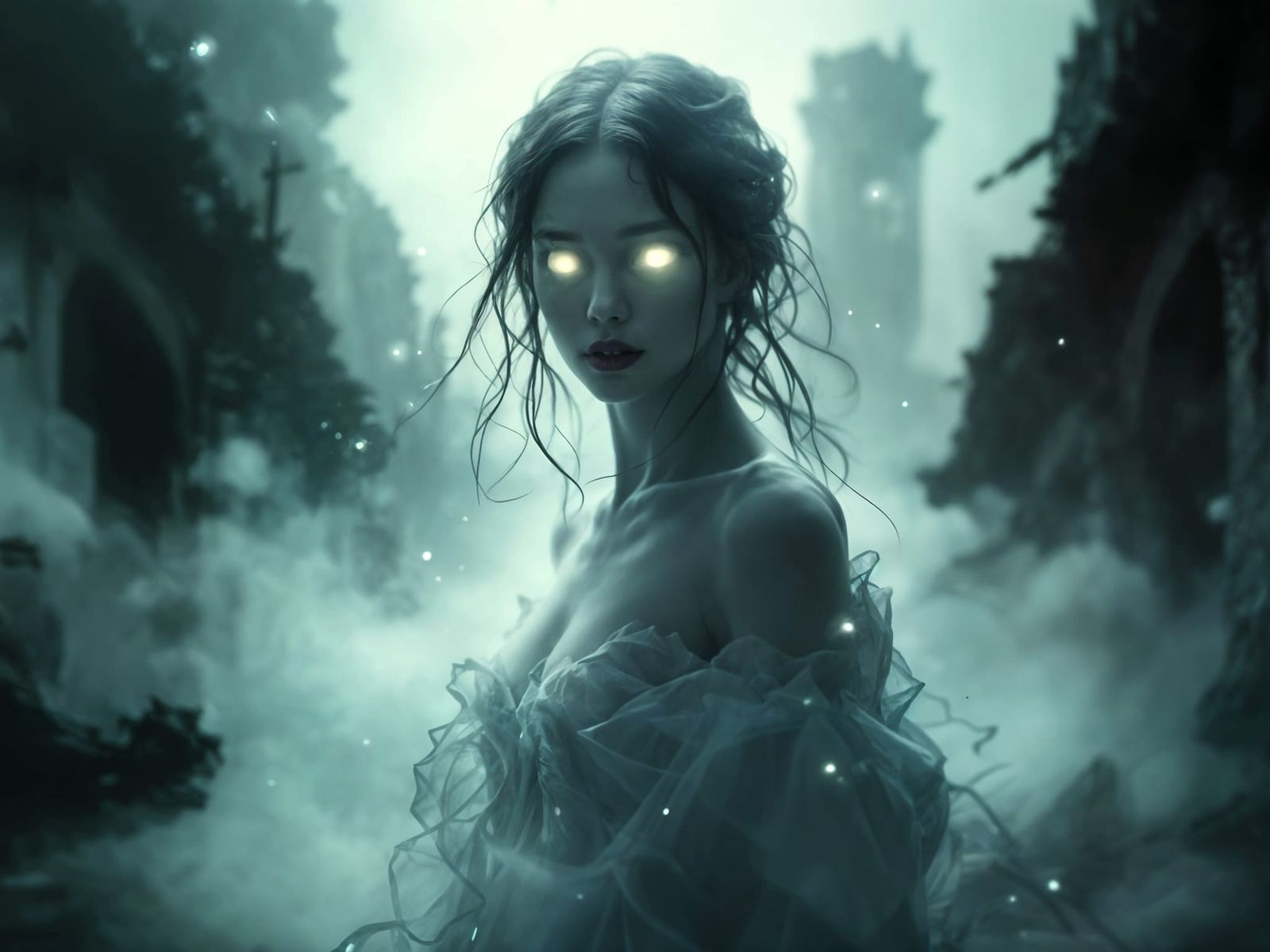 Ethereal Spectral Woman in Misty Ruins