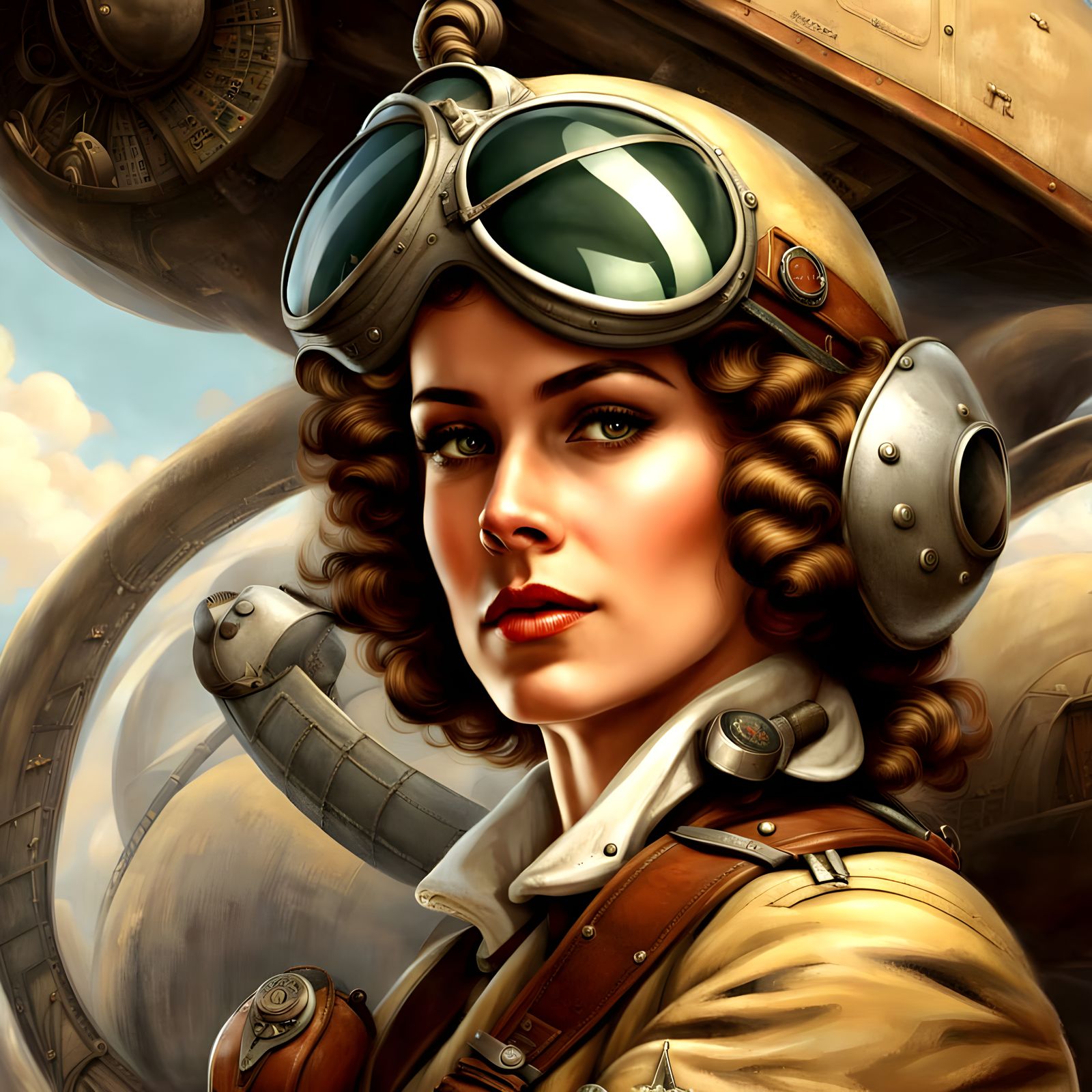 Vintage dieselpunk brave female pilot