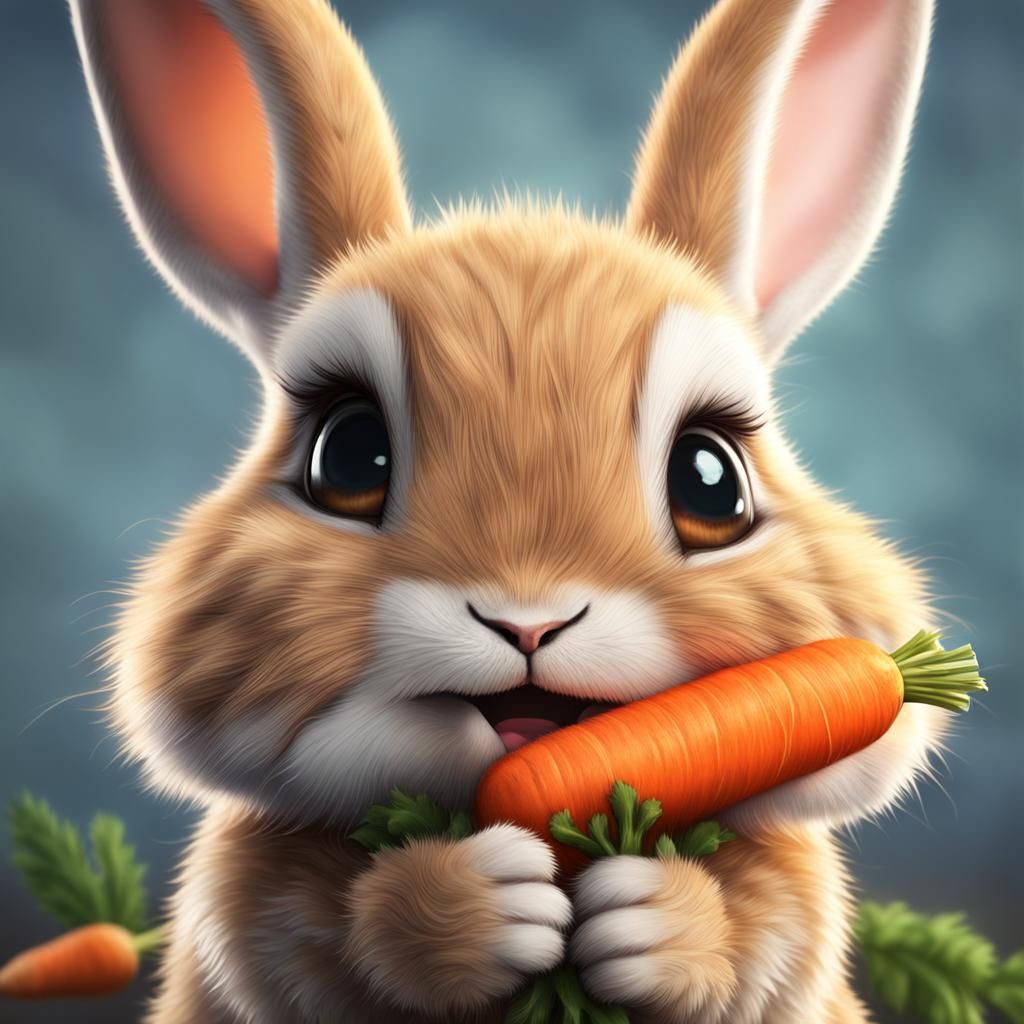 Hyperrealistic Fluffy Baby Rabbit Eating a Carrot