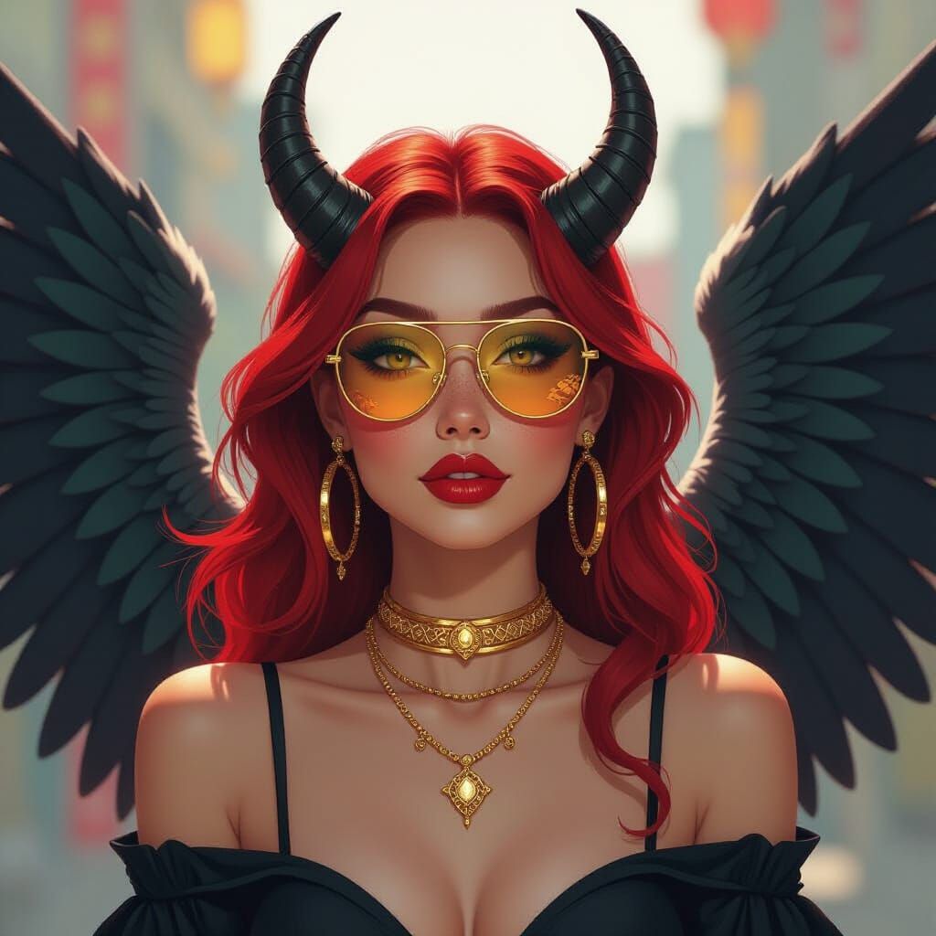 Red-Skinned Woman with Wings, Horns, and Gold Eyes