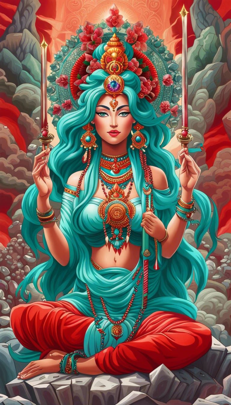 Anime Hindu Goddess Meditating in Crystal Pagoda