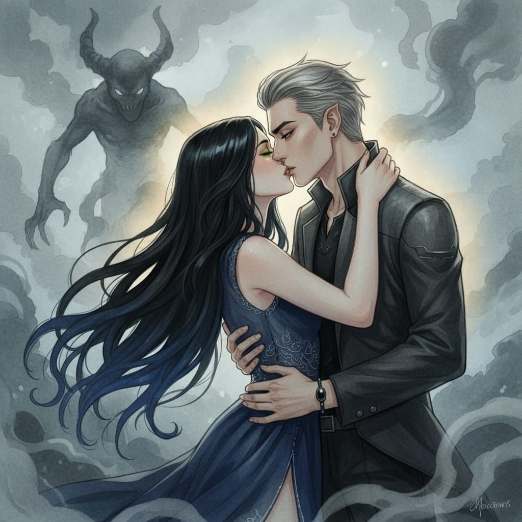 Vampire's Kiss in a Misty, Watercolor Dream