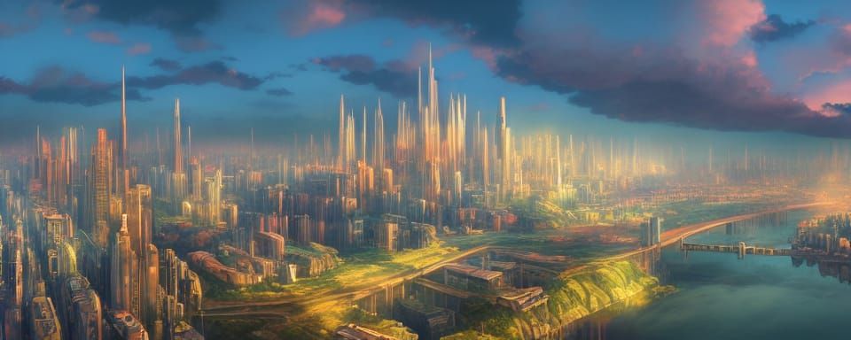 Ghibli-esque Metropolis Sunset Matte Painting
