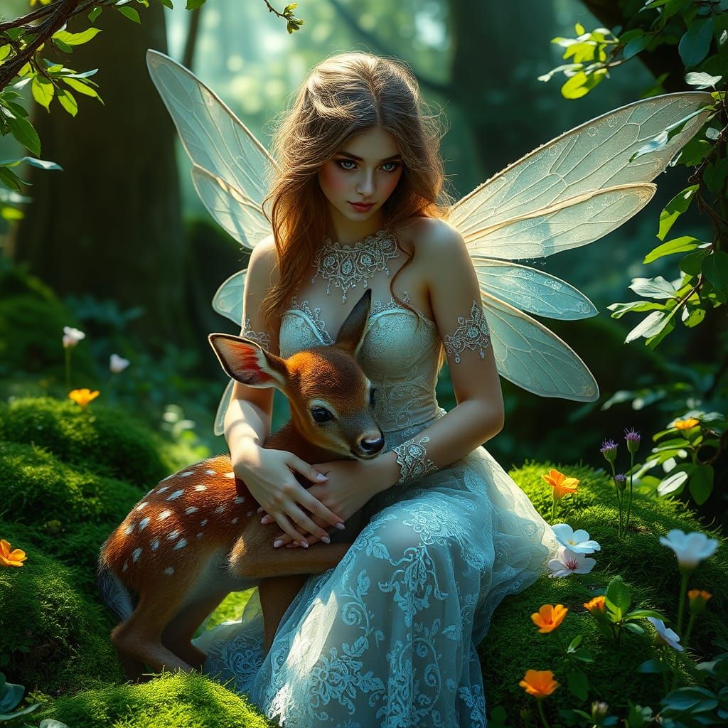 Beautiful woman fairy in sparkling dress, delicate beautiful wings, Holding beautiful little fawn, in the magical forest...