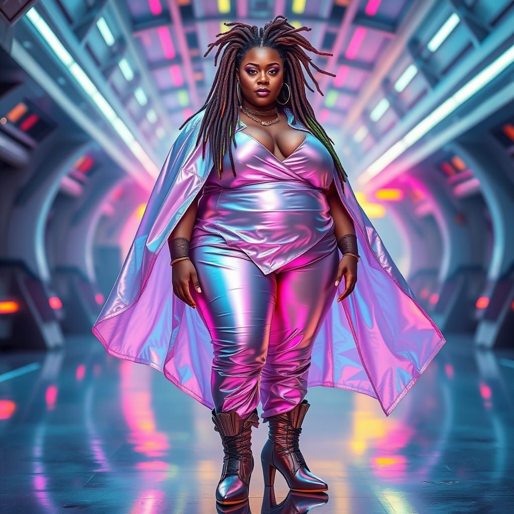 Plus-Size Alien Model in Futuristic Fashion