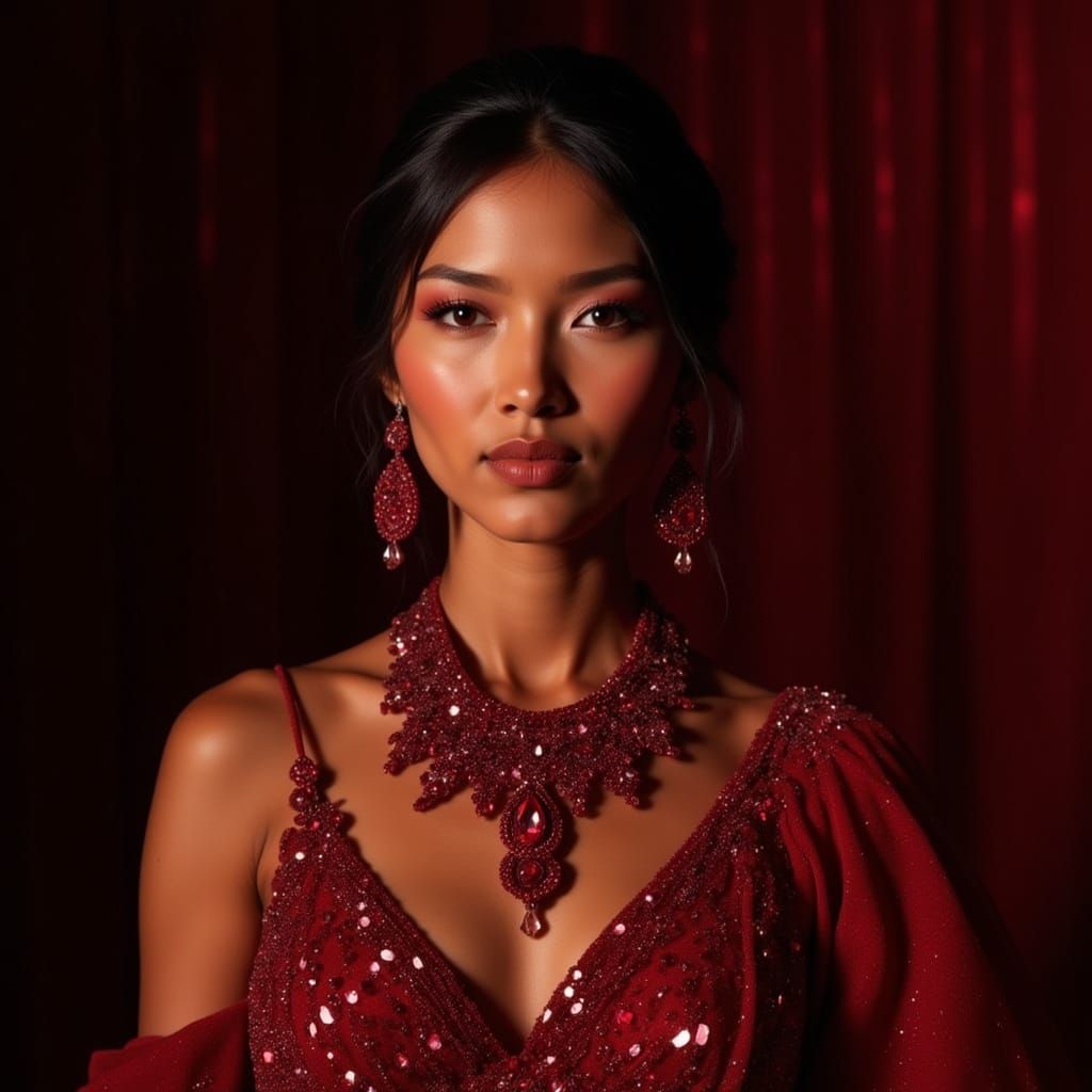 Native woman wearing an exquisite large Winza ruby dressed in a glittering sparkling red evening gown. <lora:Oddly A Bit...