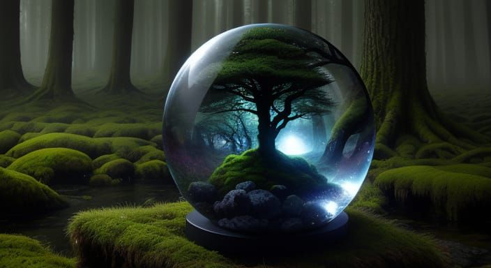 Levitating Obsidian Orb in Mossy Forest