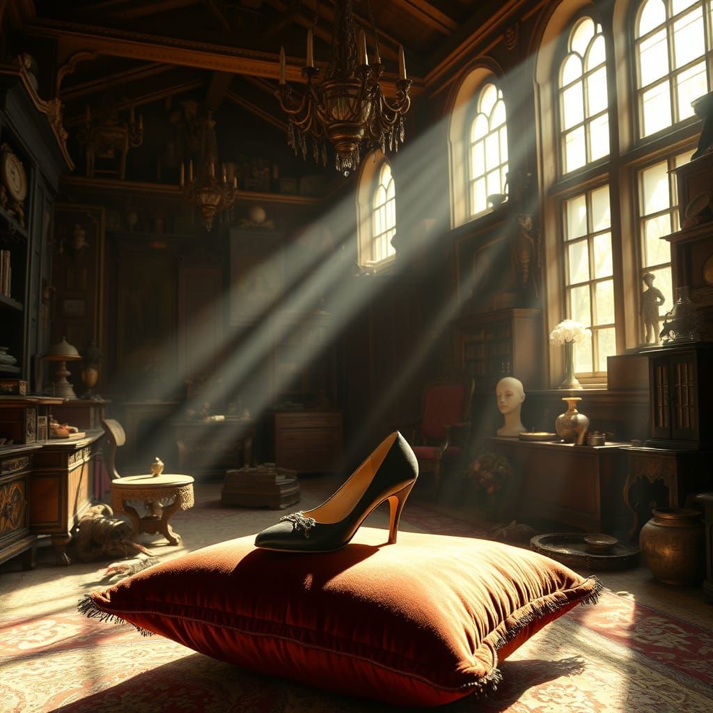 Sunlit Attic with Victorian Shoe, Storybook Illustration