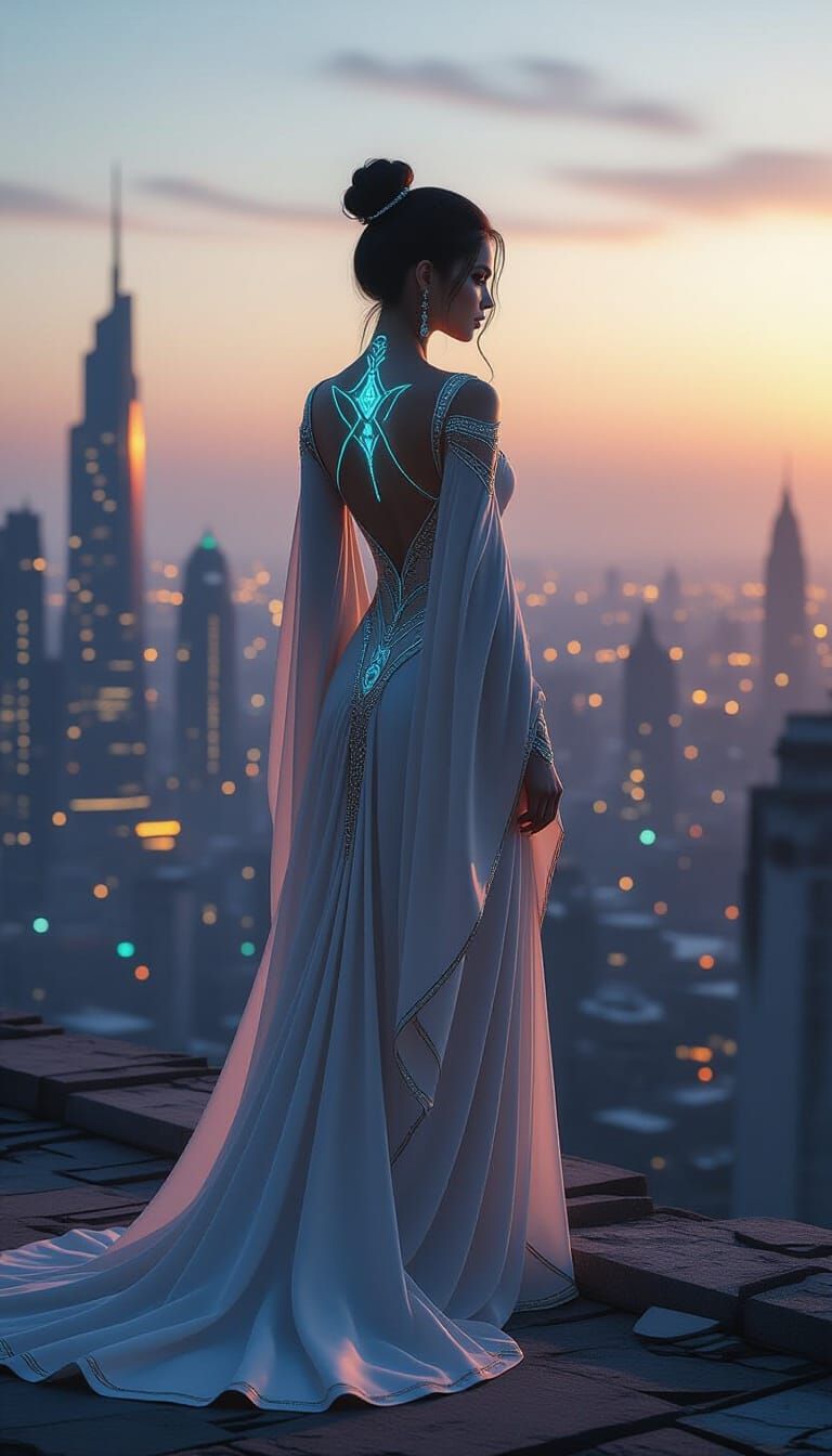 Elegant Woman in Decaying Futuristic City
