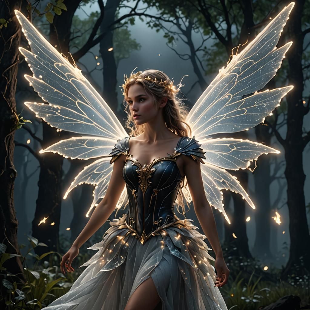 Majestic Light Fairy in Dark Forest