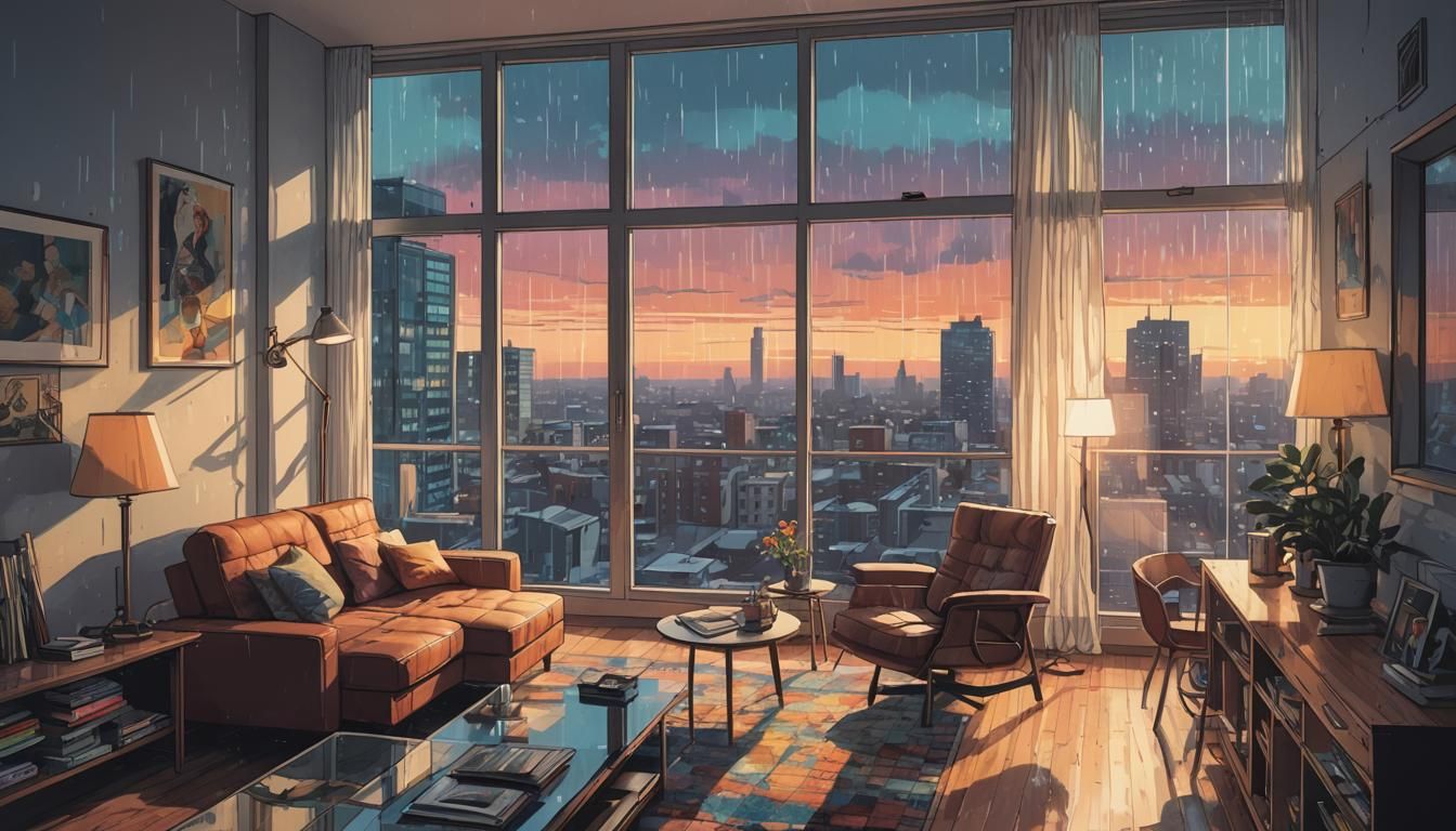 Modernist Apartment with Iridescent Sky, Digital Illustratio...