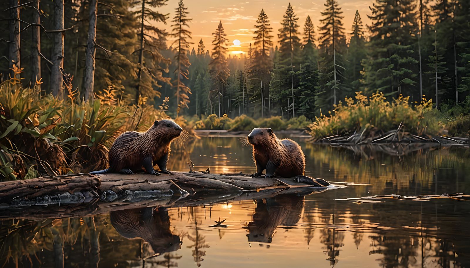 Beavers at Sunset: A Realistic Wildlife Scene