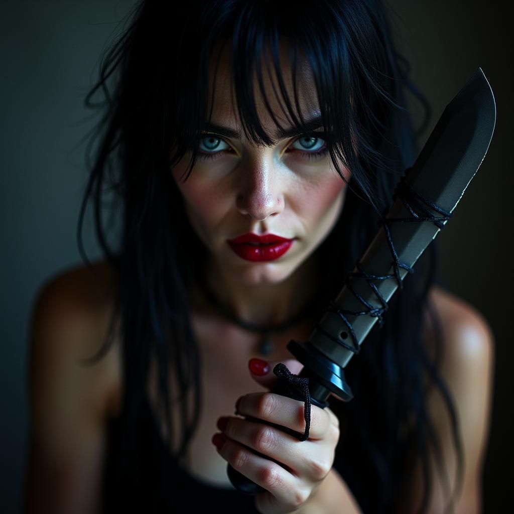 Dramatic Portrait of Woman with Knife in Film Style
