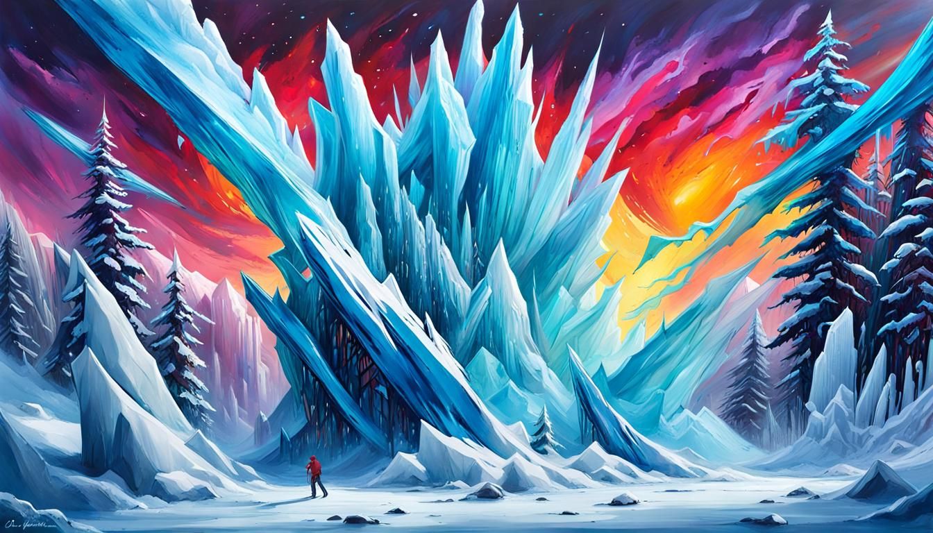 Ice Meteor Sculpture in Winter Space, Watercolor Style