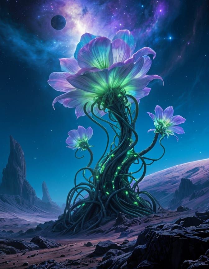 Bioluminescent Alien Flora in Cosmic Nebula Sky
