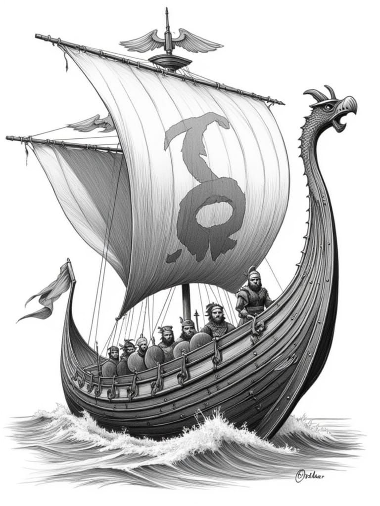 Viking Longship in Japanese-Inspired Pencil Sketch