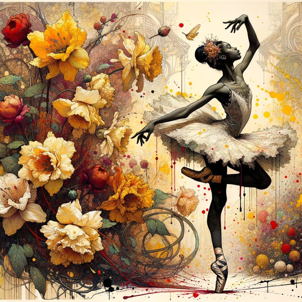 Ballerina's Floral Dance: Ink Splatter Art
