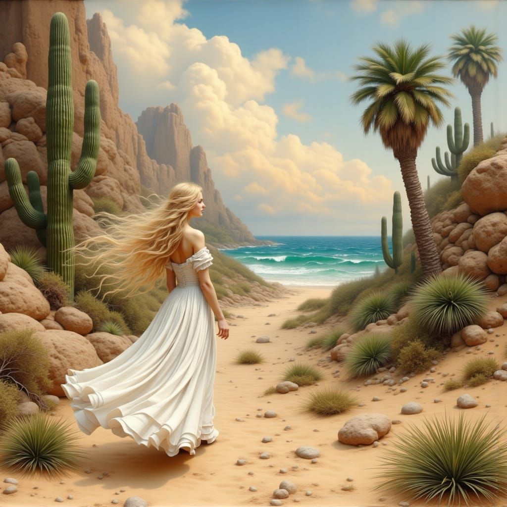 Blonde Girl in White Gown Walks Through Desert Oasis at Dawn