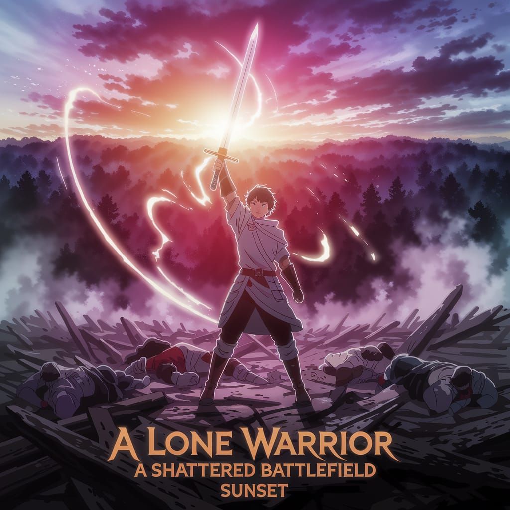 Lone Warrior on Shattered Battlefield at Sunset